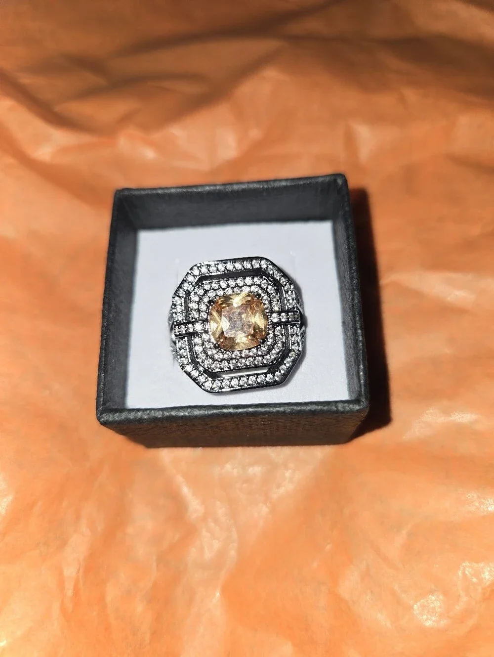 Sparkling Champagne-Center Halo Cocktail Ring - Women Jewelry